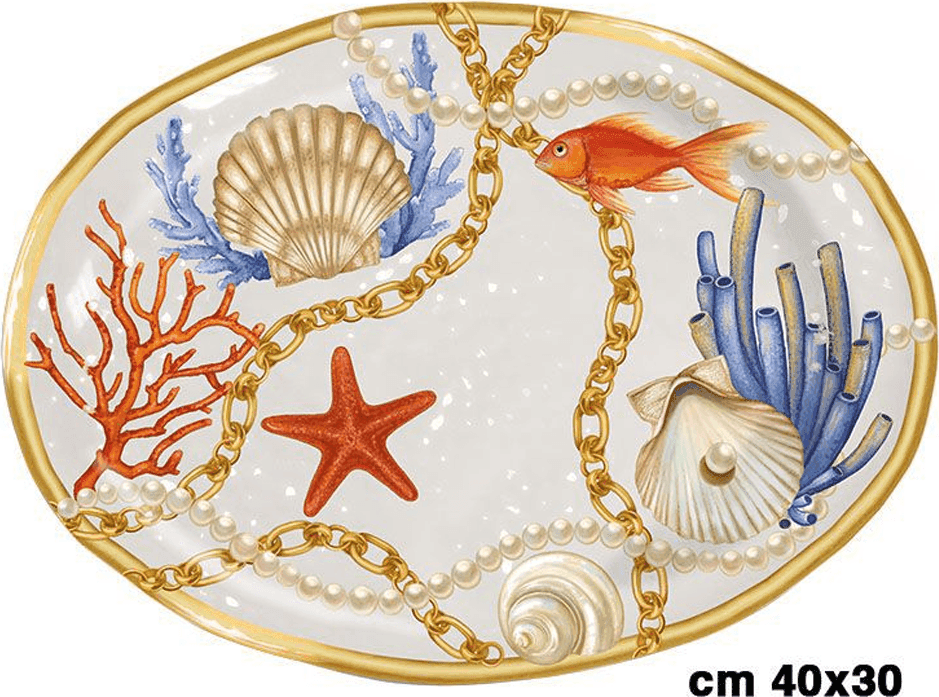 VASSOIO CENTROTAVOLA OVALE CON CONCHIGLIE E CORALLI IN STILE MARINO 40X30 CM - 2