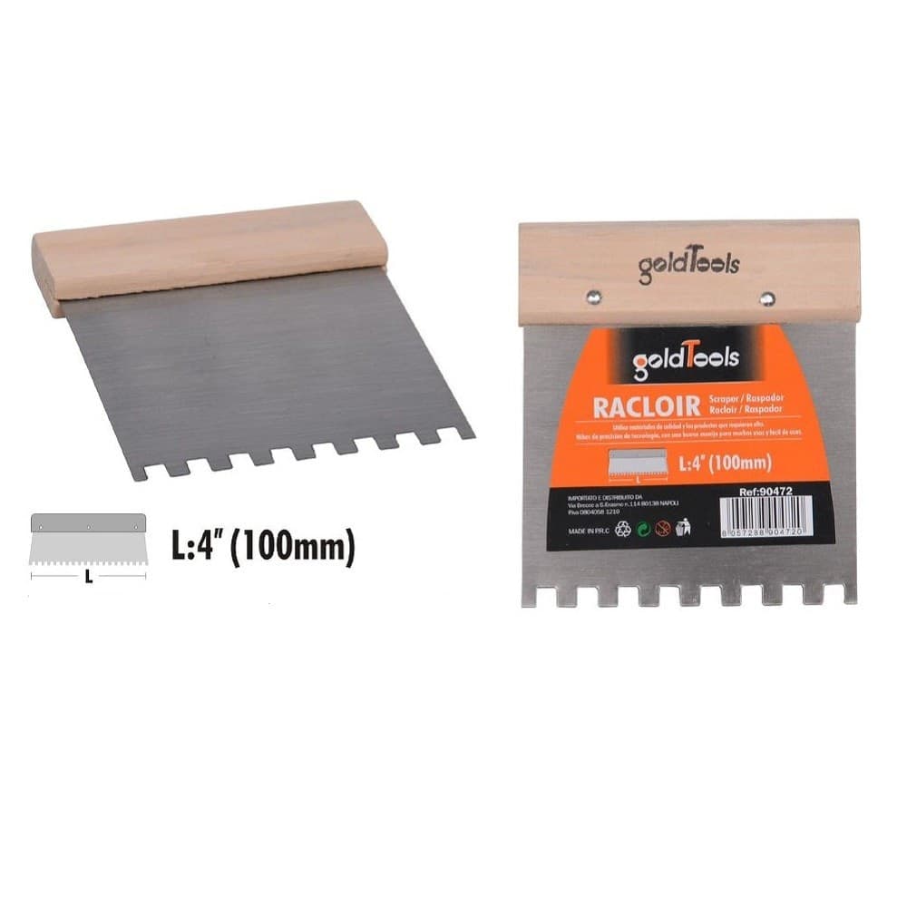 SPATOLA RASCHIETTO DENTATO ACCIAIO IMPUGNATURA LEGNO 4″ 100 MM FERRAMENTA 90472