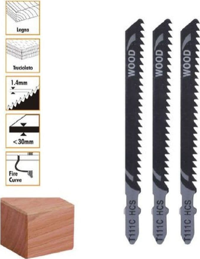 SET 3 PEZZI LAME PER SEGHETTO ALTERNATIVO T111C HCS LAMA RICAMBI PER LEGNO 90188 - 2