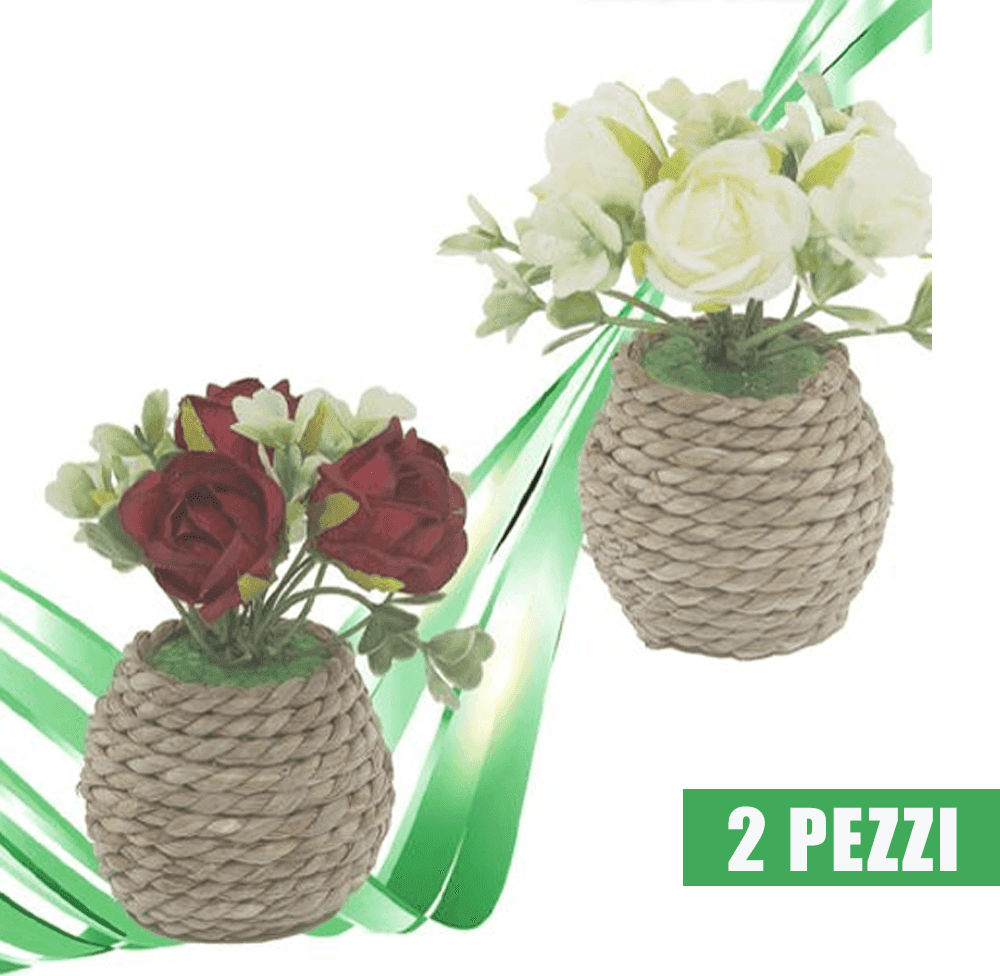 2 PEZZI VASO CORDA PIANTINA FIORI ARTIFICIALI PIANTA IDEA REGALO BOMBONIERA 10CM - 2