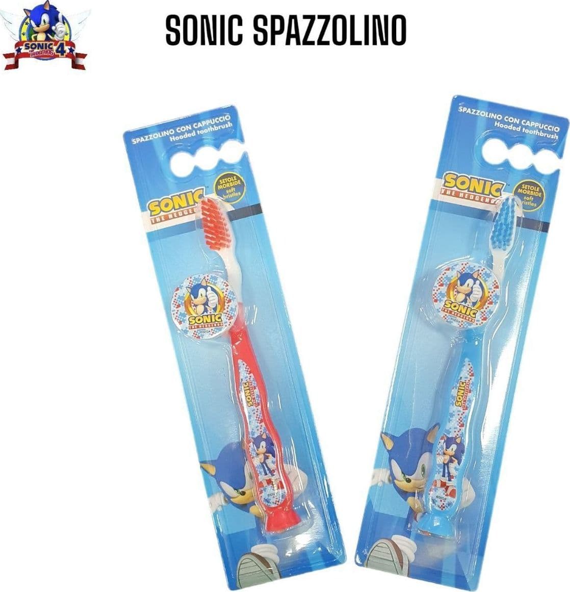 SPAZZOLINO CON CAPPUCCIO E MORBIDE SETOLE PER BAMBINI SONIC IL RICCIO BLU - 2