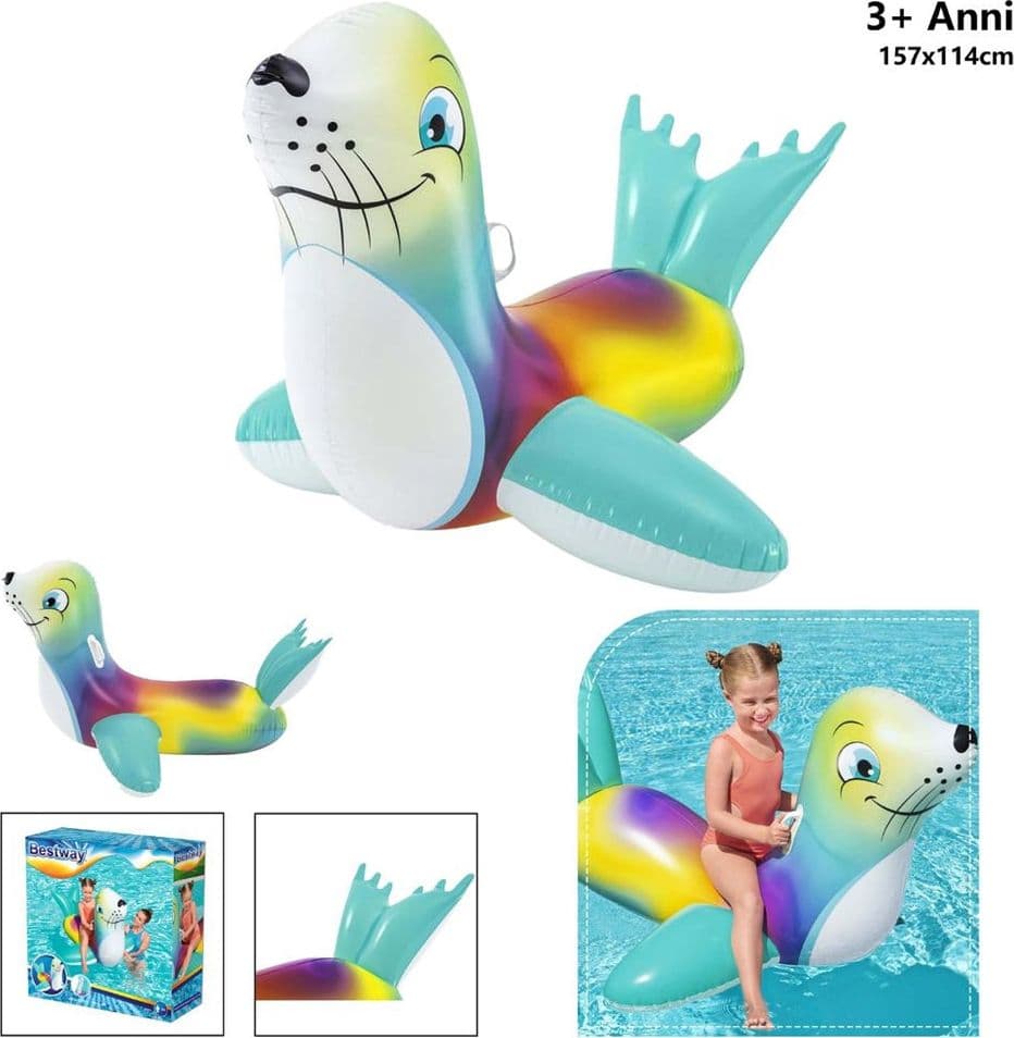 CAVALCABILE GONFIABILE A FORMA DI FOCA ALLEGRA BAMBINI 157X114CM MANIGLIE 41479 - 11