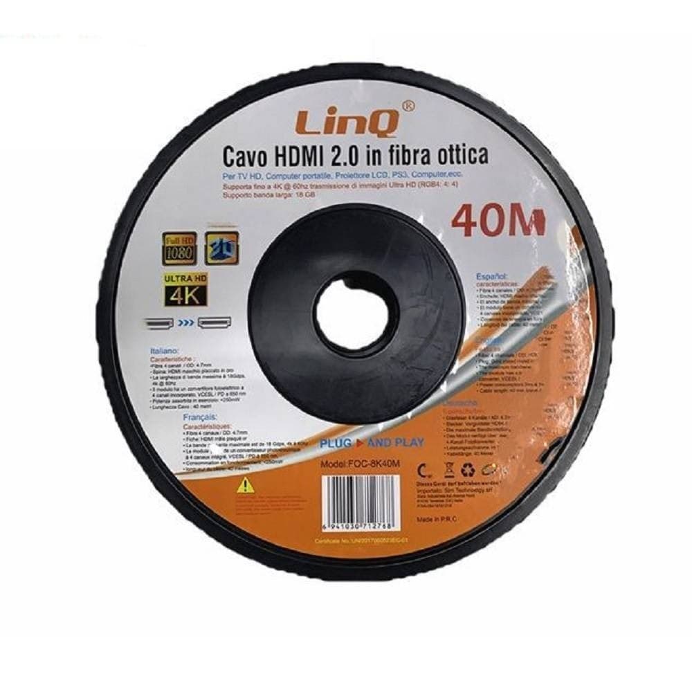 CAVO HDMI IN FIBRA OTTICA ULTRA HD 4K 40 MT PER TV COMPUTER PROIETTORE FOC-8K40M