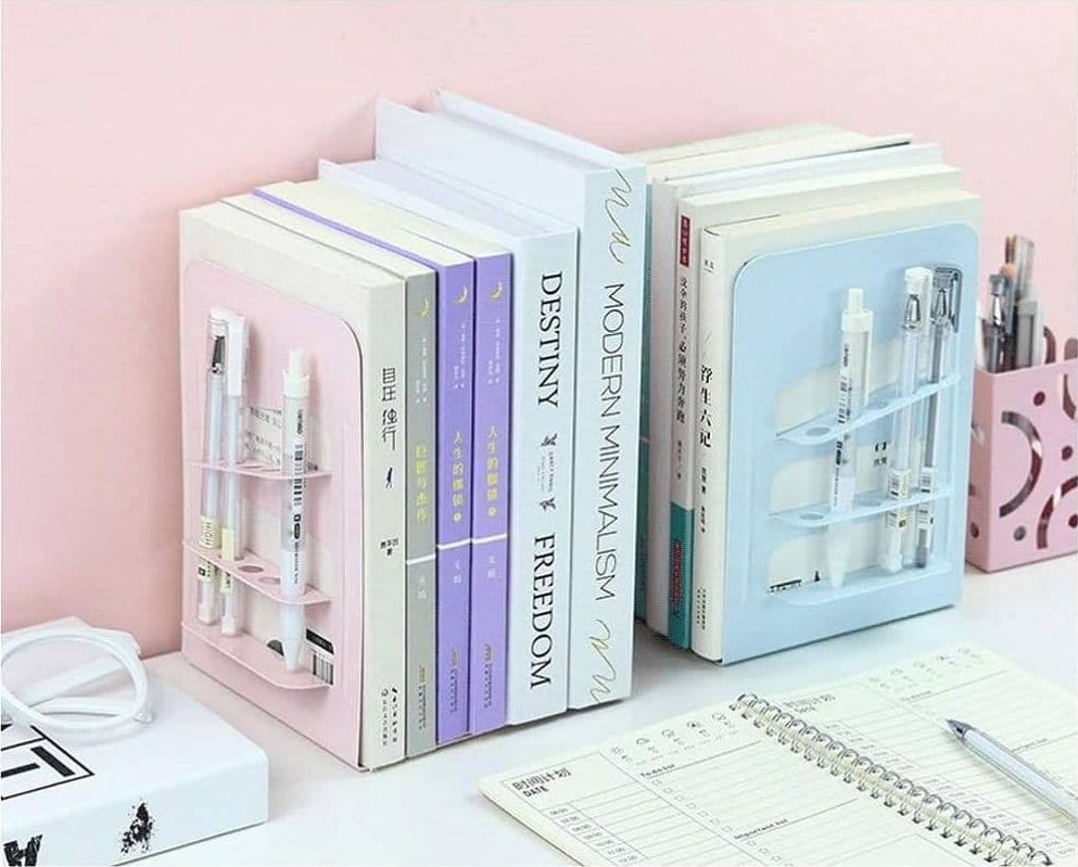 SET 2 PZ FERMALIBRI IN METALLO CON PORTAPENNE REGOLABILI LIBRI SUPPORTO LIBRERIA - 6