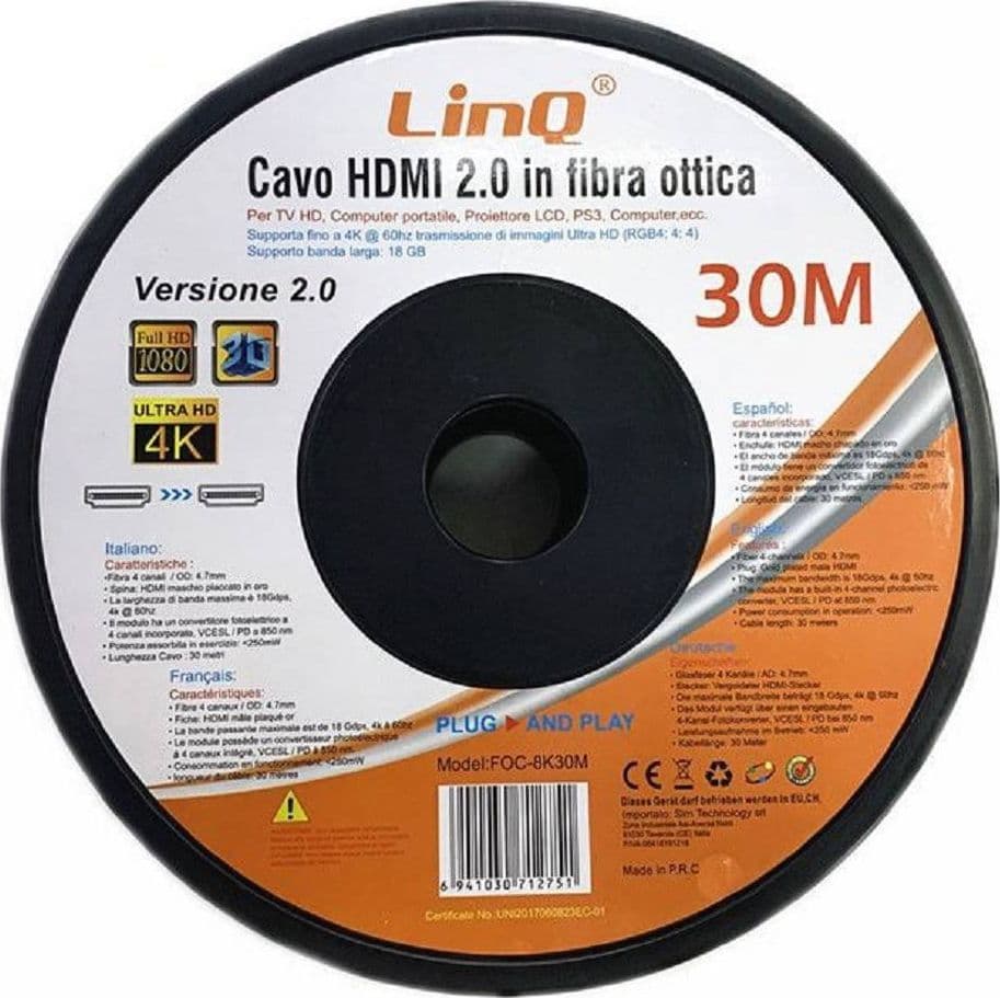 CAVO HDMI IN FIBRA OTTICA ULTRA HD 4K 30 MT TV HD COMPUTER PROIETTORE FOC-8K30M