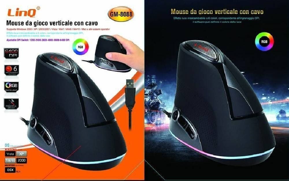 MOUSE GAMING DA GIOCO VERTICALE CON CAVO USB LUCE RGB 6400DPI COMPUTER PC GM-8088 - 2