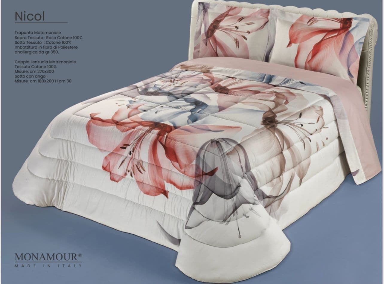 Trapunta matrimoniale invernale Mon Amour art. Nicol Sopra tessuto: PL Sotto tessuto: cotone 100% imbottitura in fibra di poliestere anallergica da gr.350 - 2