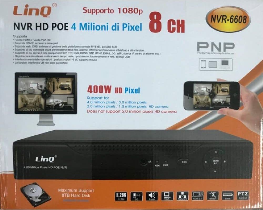NVR POE 8 CH CANALI REC & LIVE FULL HD 1080P WIFI H.264 H.265 P2P 4MP NVR-6608 - 2
