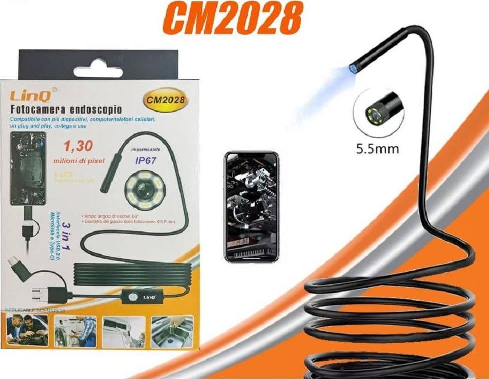 FOTOCAMERA ENDOSCOPIO USB MICROUSB TYPE-C 1.30 MILIONI DI PIXEL CON 6 LED CM2028 - 2