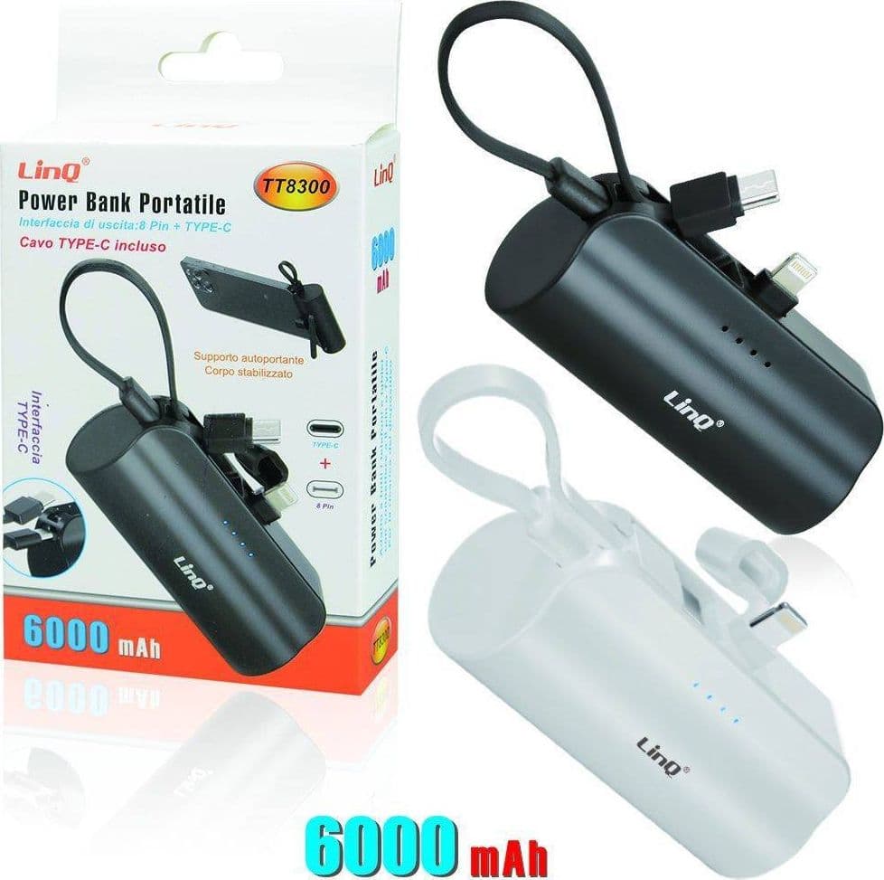 POWERBANK BATTERIA PORTATILE 6000MAH 2 USCITE LIGHTNING 8PIN + CAVO TYPE-C TT8300