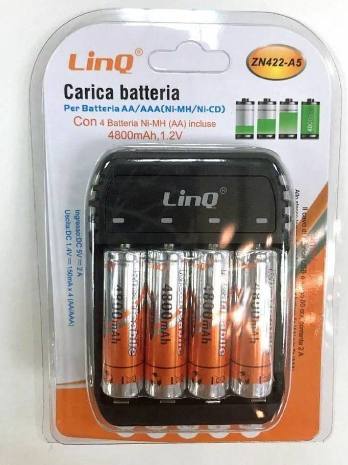 CARICA BATTERIE PILE AA AAA 4 SLOT ZN422-A5 + 4 PILE STILO 4800MHA RICARICABILI - 2