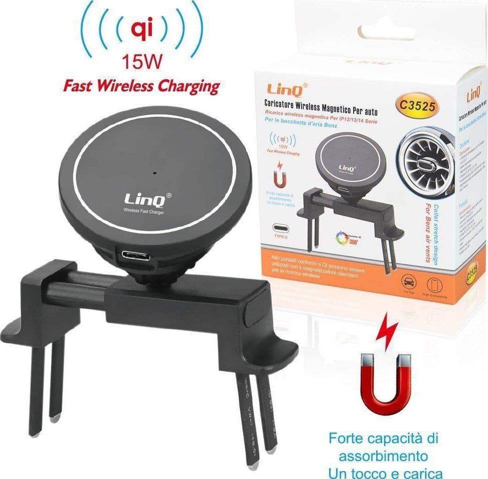 CARICABATTERIA WIRELESS MAGNETICO PER AUTO PRESA ARIA MERCEDES BENZ QI 15W C3525 - 2