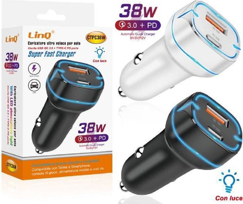 CARICATORE AUTO LED QC PD 38W CARICABATTERIE TYPE C USB ACCENDISIGARI RAPIDO CTPC38W - 2
