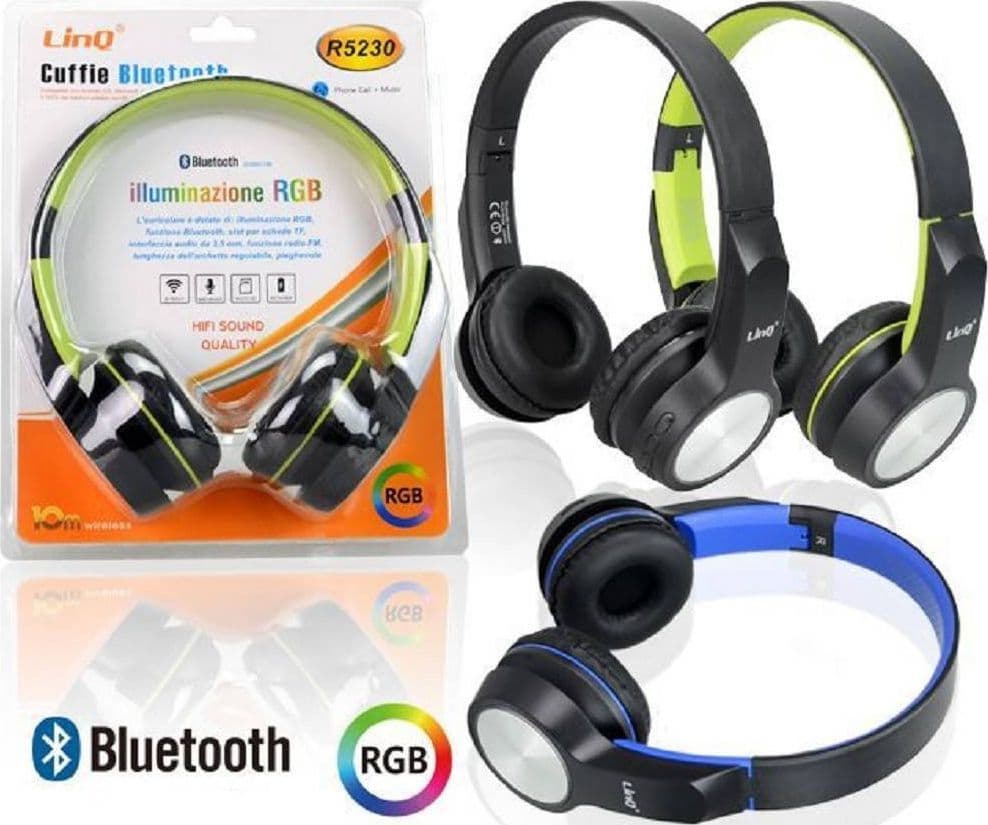 CUFFIE BLUETOOTH CON ILLUMINAZIONE RGB FUNZIONE RADIO FM WIRELESS 10 MT R5230