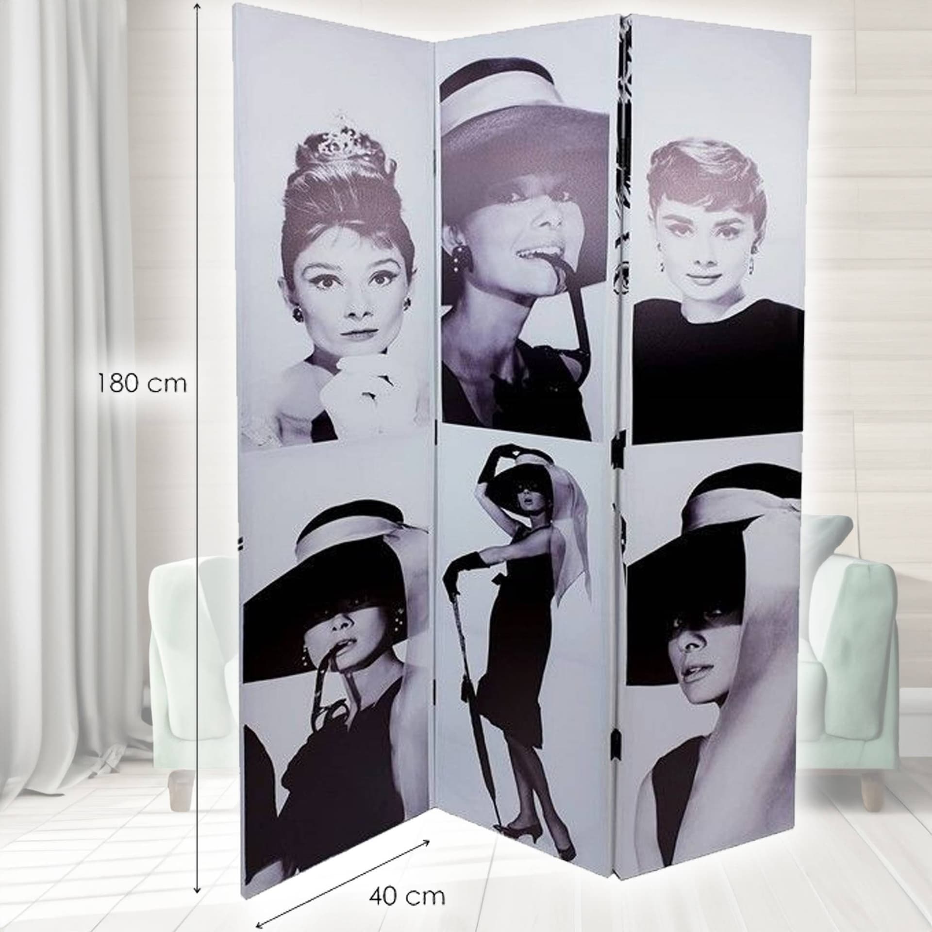 PARAVENTO SEPARE DIVISORIO CON 3 PANNELLI 180X120CM STAMPA F R AUDREY HEPBURN - 3
