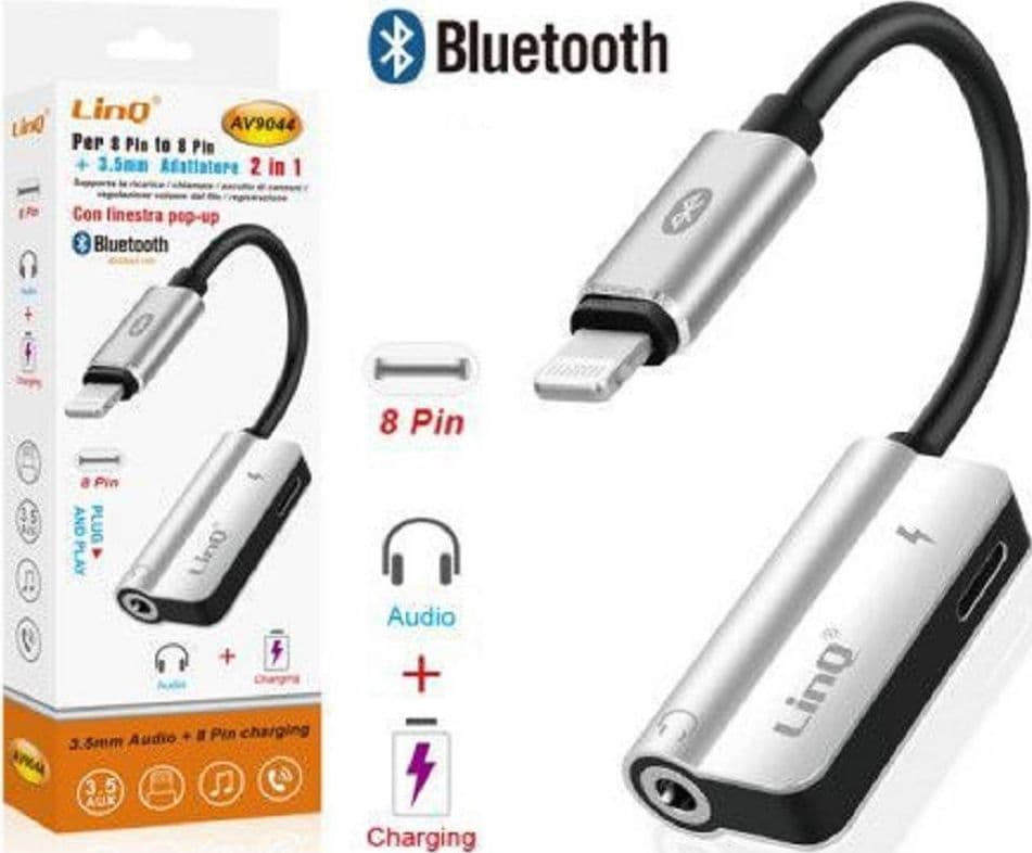 ADATTATORE 2IN1 DA 8 PIN A LIGHTNING + JACK 3,5MM AUDIO BLUETOOTH RICARICA AV9044 - 2