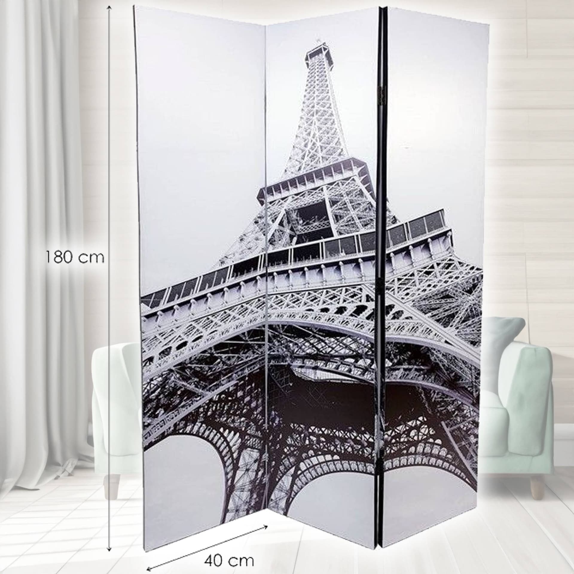 PARAVENTO SEPARE DIVISORIO CON 3 PANNELLI 180X120CM STAMPA FRONTE RETRO PARIGI - 3