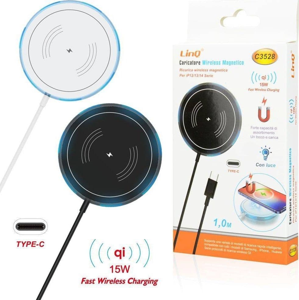 CARICABATTERIE AD INDUZIONE WIRELESS MAGNETICO 15W QI SMARTPHONE CON LUCE C3528