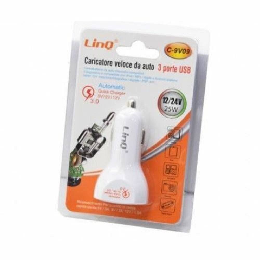 CARICABATTERIA DA AUTO CARICATORE RICARICA VELOCE 3 PORTE USB 12/24V 25W C-9V09 - 2