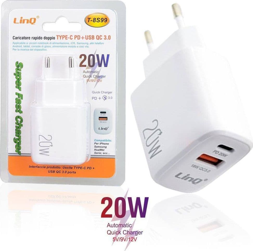 CARICATORE RAPIDO DOPPIO TYPE C PD + USB QC 3.0 SUPER FAST CHARGER 20W T-8S99 - 2