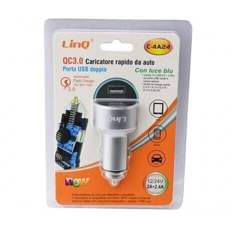 CARICABATTERIE ALIMENTATORE CARICATORE DA AUTO 2 USB 2A+2.4A CON LUCE BLU C-4A24 - 2
