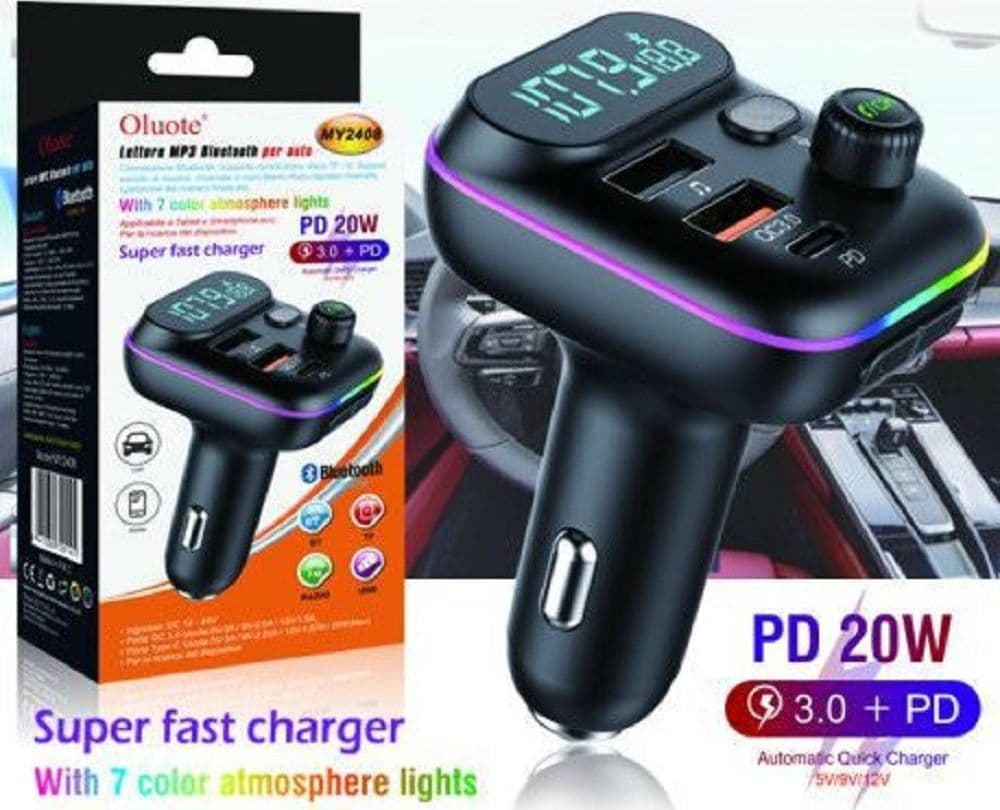 TRASMETTITORE FM BLUETOOTH AUTO 2 PORTE USB LED TF PD 20W LETTORE MP3 RGB MY2408
