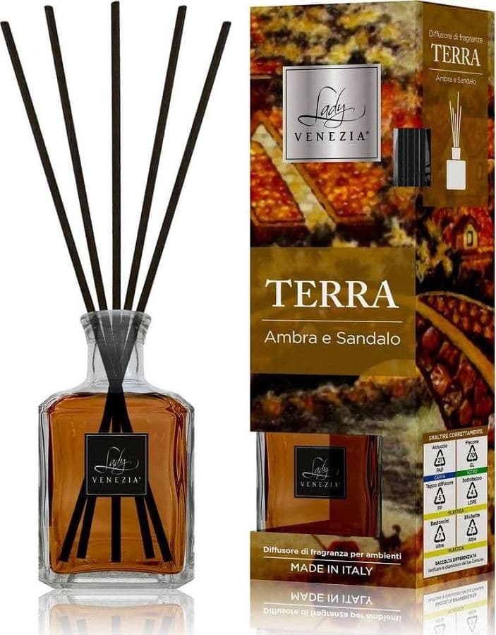 MAXI DIFFUSORE AMBIENTE CUBO CON BASTONCINI FRAGRANZA TERRA AMBRA E SANDALO 250ML