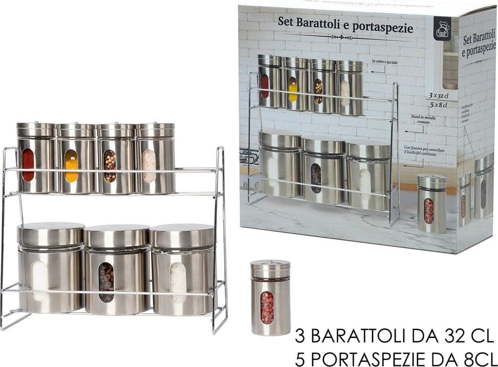 SET 8 PEZZI BARATTOLI PORTASPEZIE IN VETRO ACCIAIO INOX CON STAND CUCINA - 3
