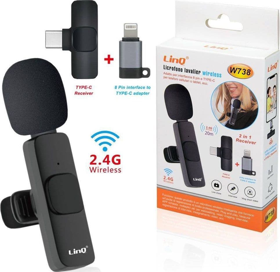 MICROFONO LAVALIER CON CLIP COLLETTO BAVERO WIRELESS 2.4G CON RICEVITORE 20M W738