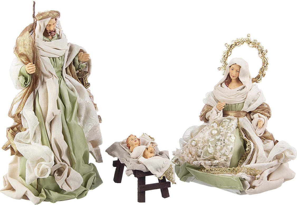 Natività con 3 Re magi con vestiti in tessuto color verde statue per presepe