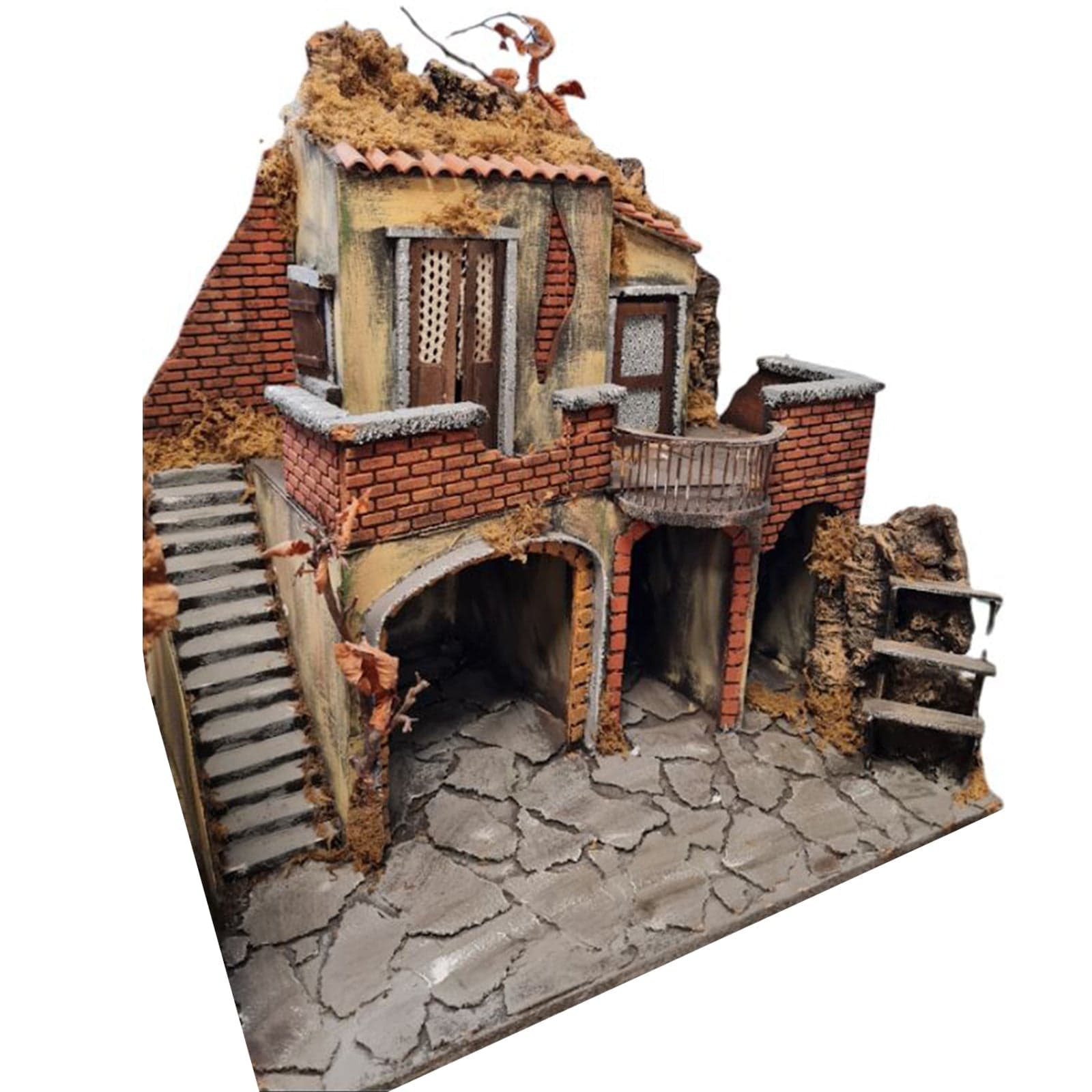 Capanna grotta vuota in legno presepe Paesaggio con grotta, scale e terrazzino per natività e presepe natalizio in Statuine e fondali per il presepe MagiediNatale.it - Altamura, commercioVirtuoso.it