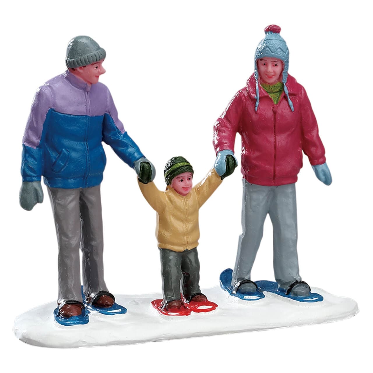Famiglia che cammina con ciaspole per villaggio di Natale in poliresina in Oggettistica MagiediNatale.it - Altamura, commercioVirtuoso.it