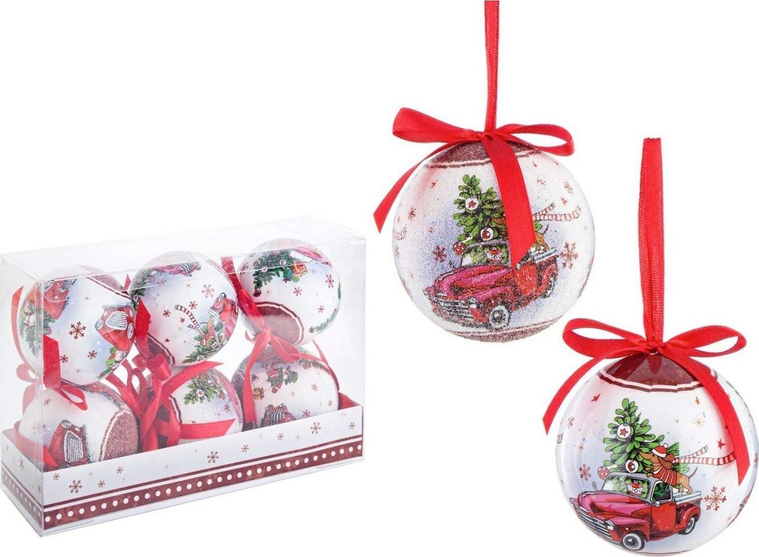 6 Palline Xmas per albero di natale in plastica da Ø 7,5 cm con Pendaglio decorato