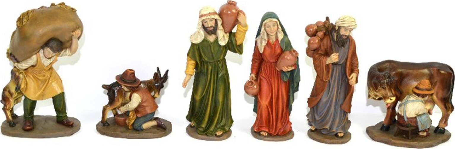 Pastorelli per presepe in poliresina con animali, doni e mestieri 6 soggetti