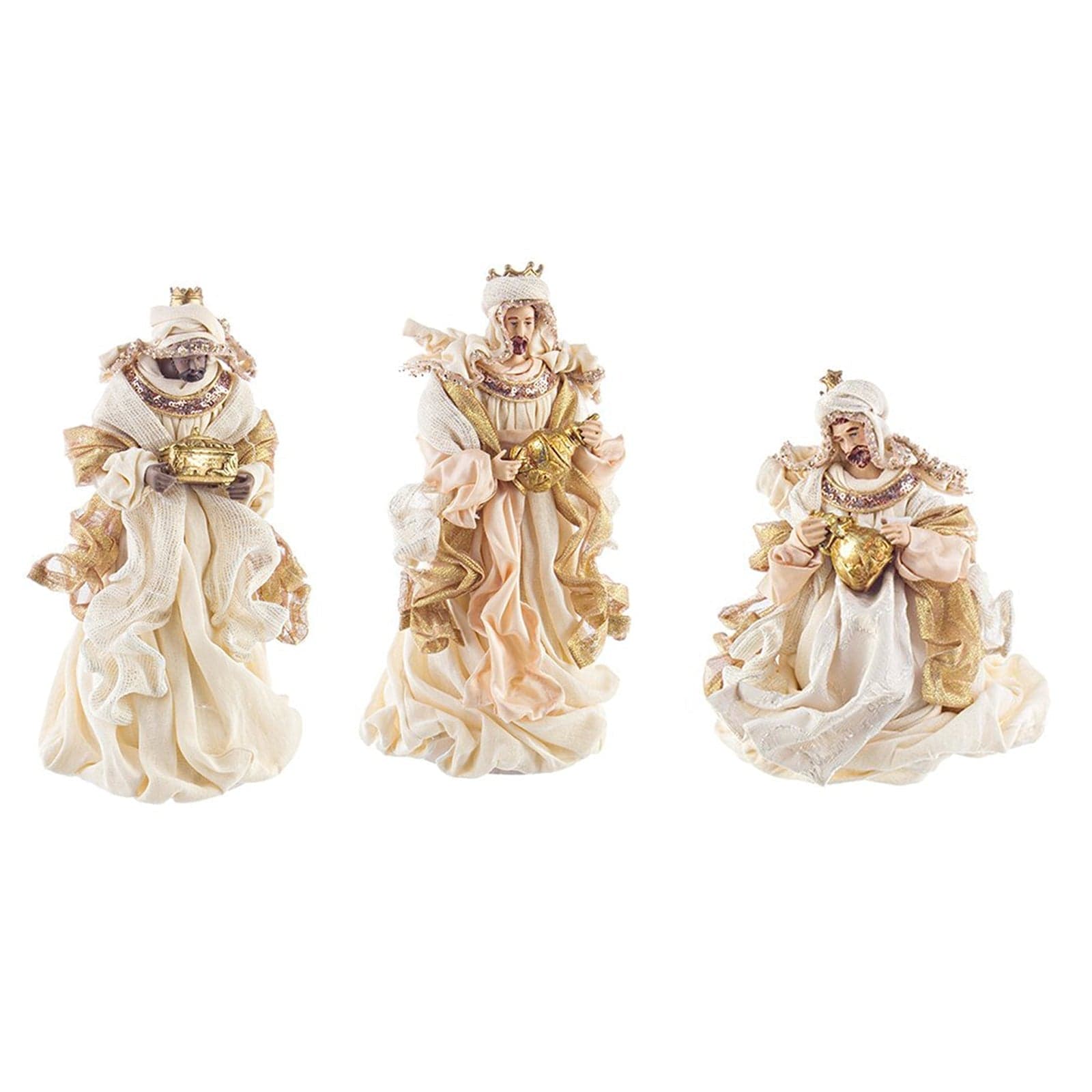 Natività completa con 6 soggetti statue per presepe vestiti in tessuto Panna e Oro h 28 cm in Statuine e fondali per il presepe MagiediNatale.it - Altamura, commercioVirtuoso.it