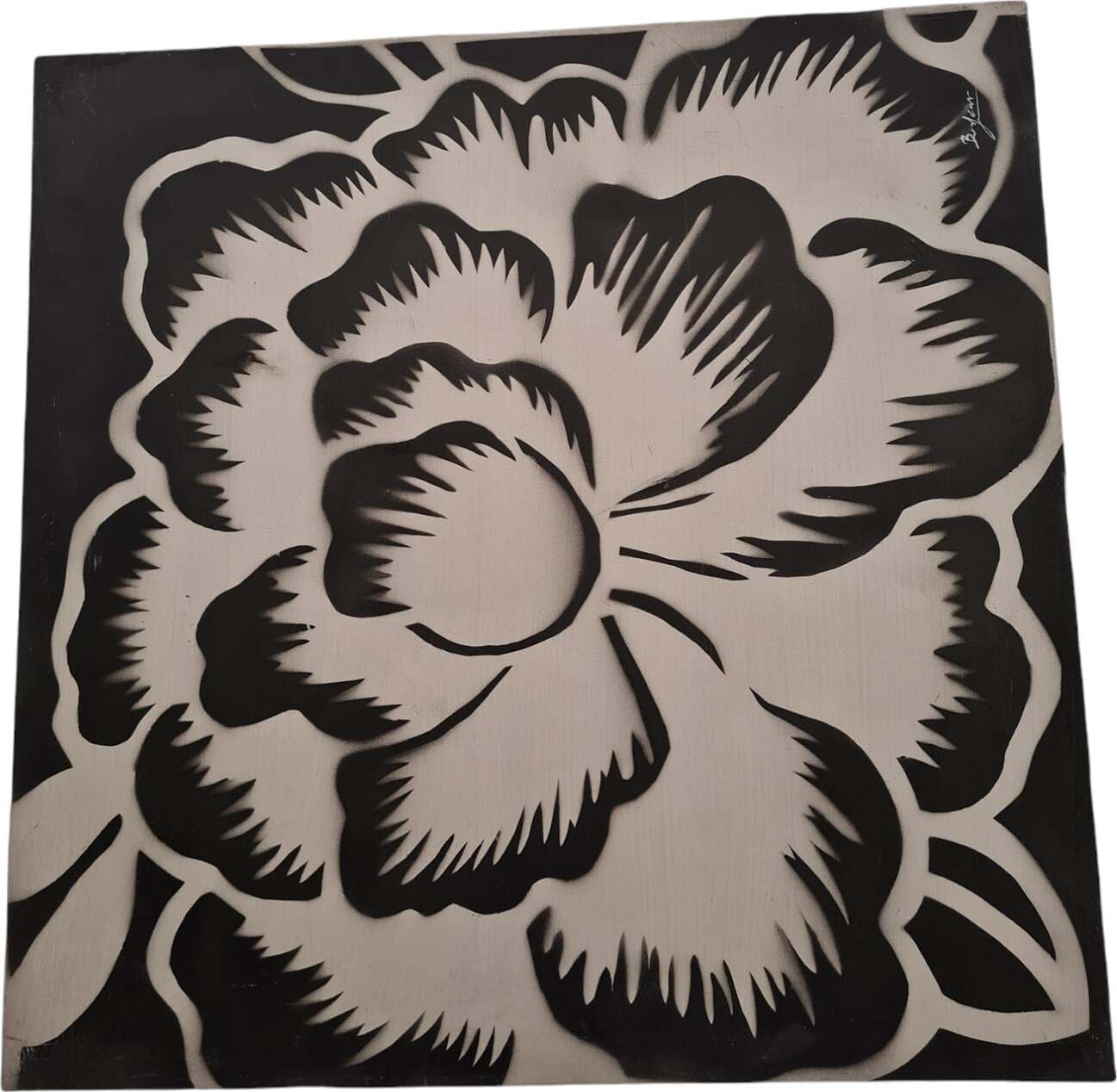 Quadro moderno floreale su tela bianco su nero per decorazioni interni 80 x 80 cm