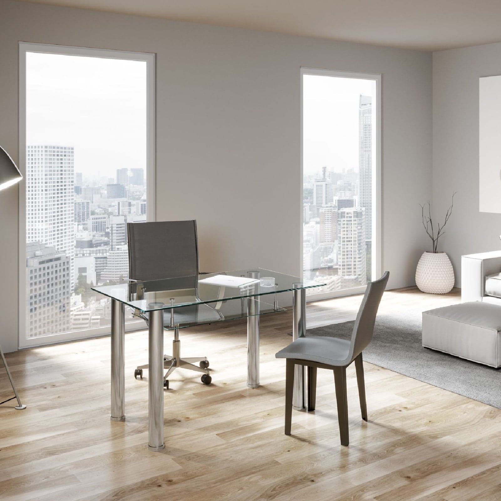Tavolo scrittoio, in vetro trasparente, con ripiano e gambe in metallo cromato, per arredamento interni in Credenze Decor Space - Altamura, commercioVirtuoso.it
