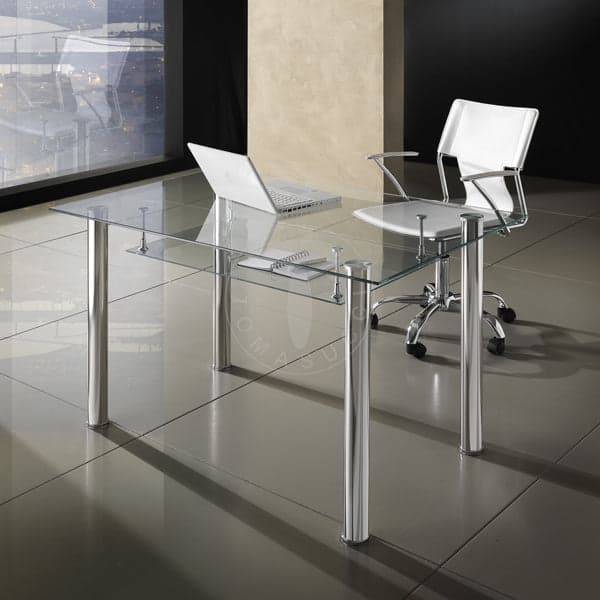 Tavolo scrittoio, in vetro trasparente, con ripiano e gambe in metallo cromato, per arredamento interni in Credenze Decor Space - Altamura, commercioVirtuoso.it