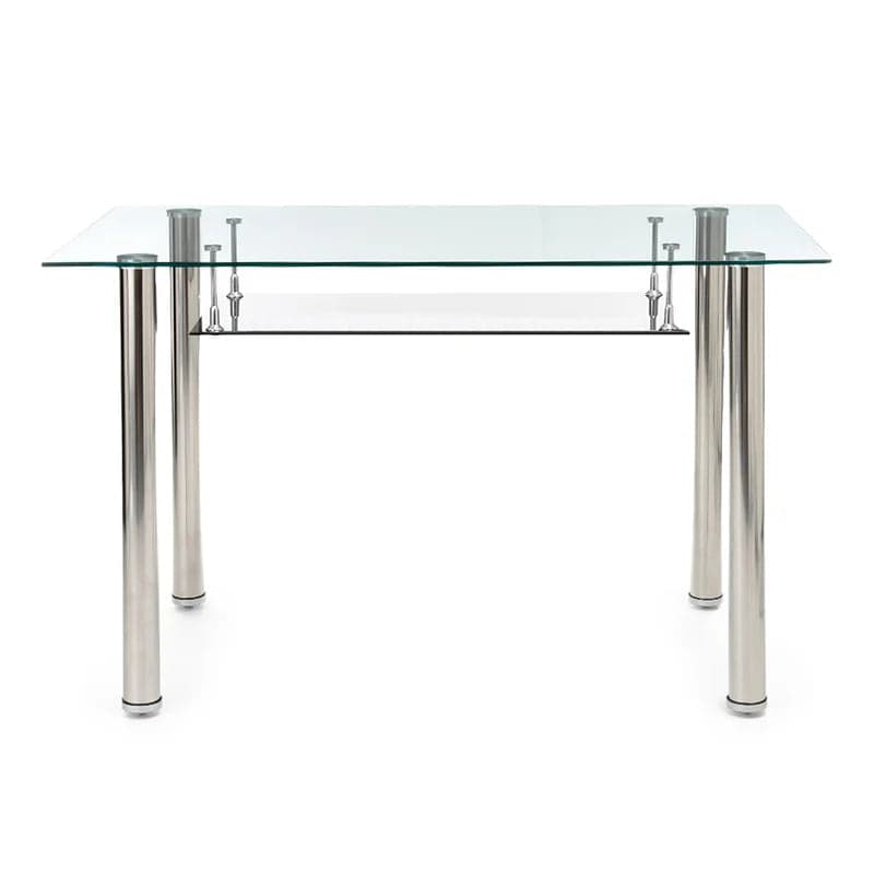 Tavolo scrittoio, in vetro trasparente, con ripiano e gambe in metallo cromato, per arredamento interni in Credenze Decor Space - Altamura, commercioVirtuoso.it