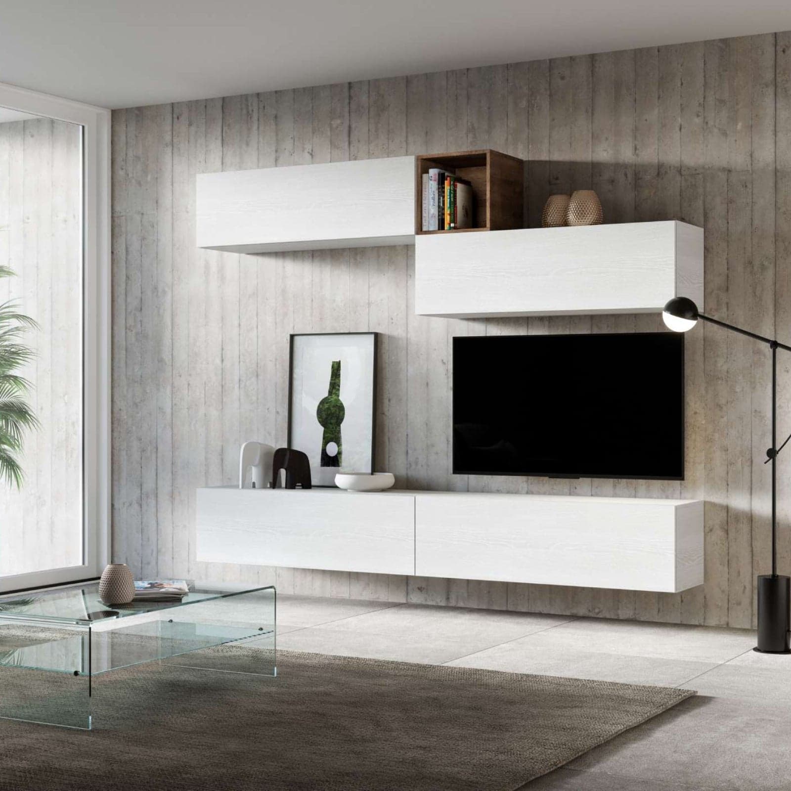 Parete attrezzata per soggiorno porta TV con ripiani per arredamento camere ed interni 268 cm in Pareti attrezzate Decor Space - Altamura, commercioVirtuoso.it