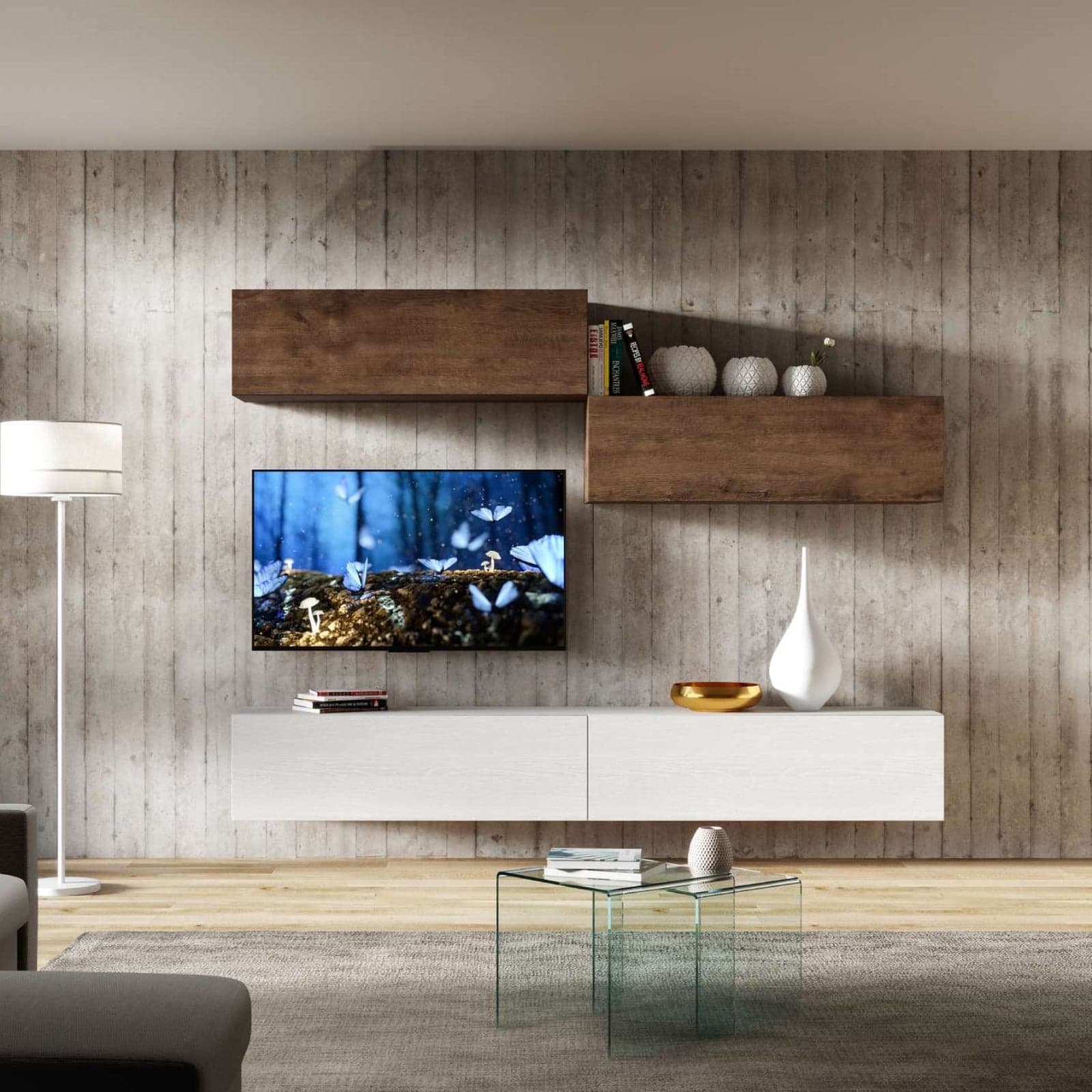 Parete attrezzata per soggiorno porta TV con ripiani per arredamento camere ed interni 268 cm in Pareti attrezzate Decor Space - Altamura, commercioVirtuoso.it