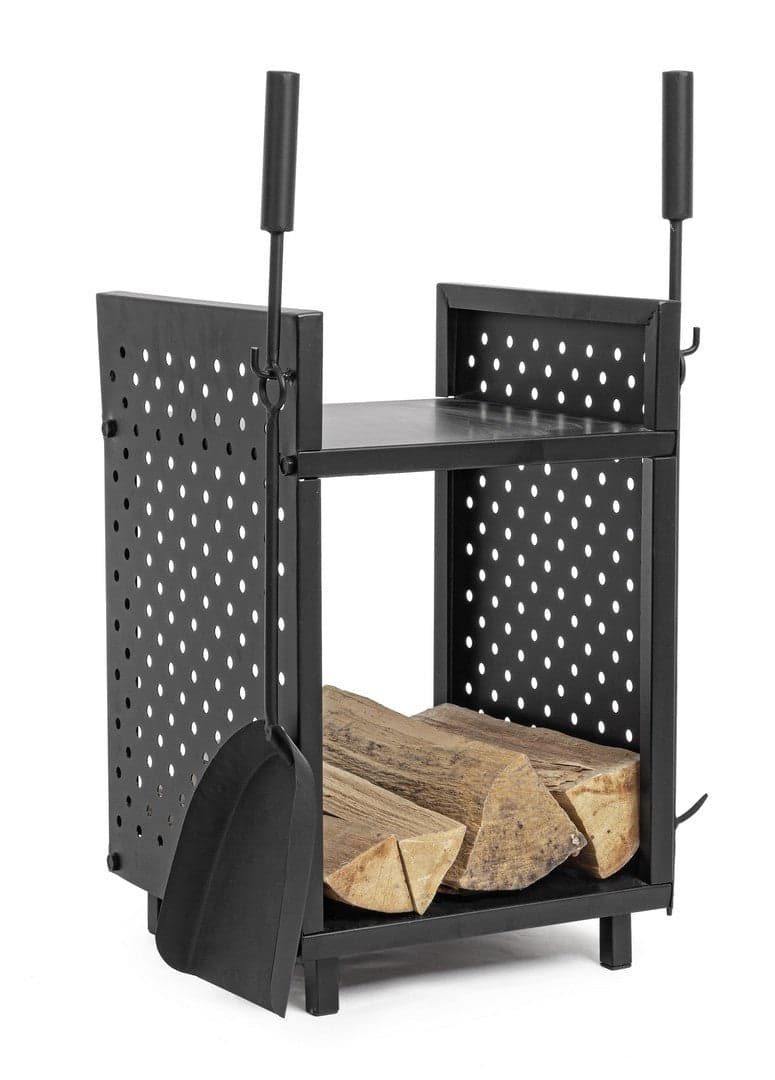 Portalegna "Efesto" con accessori, in acciaio verniciato, resistente alle alte temperature, da 43 cm in Bracieri Decor Space - Altamura, commercioVirtuoso.it