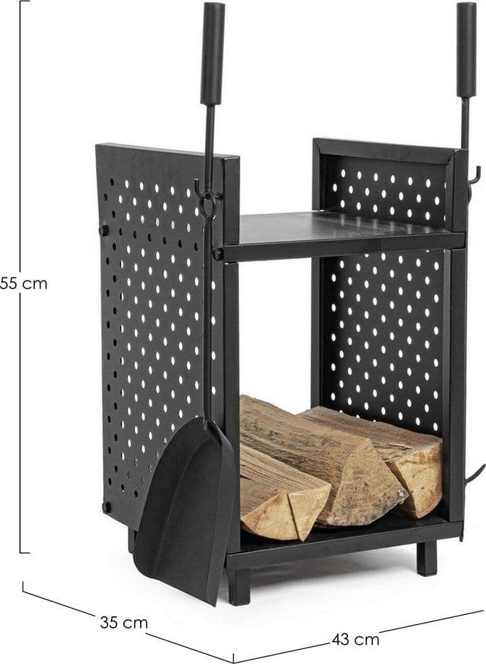 Portalegna "Efesto" con accessori, in acciaio verniciato, resistente alle alte temperature, da 43 cm in Bracieri Decor Space - Altamura, commercioVirtuoso.it