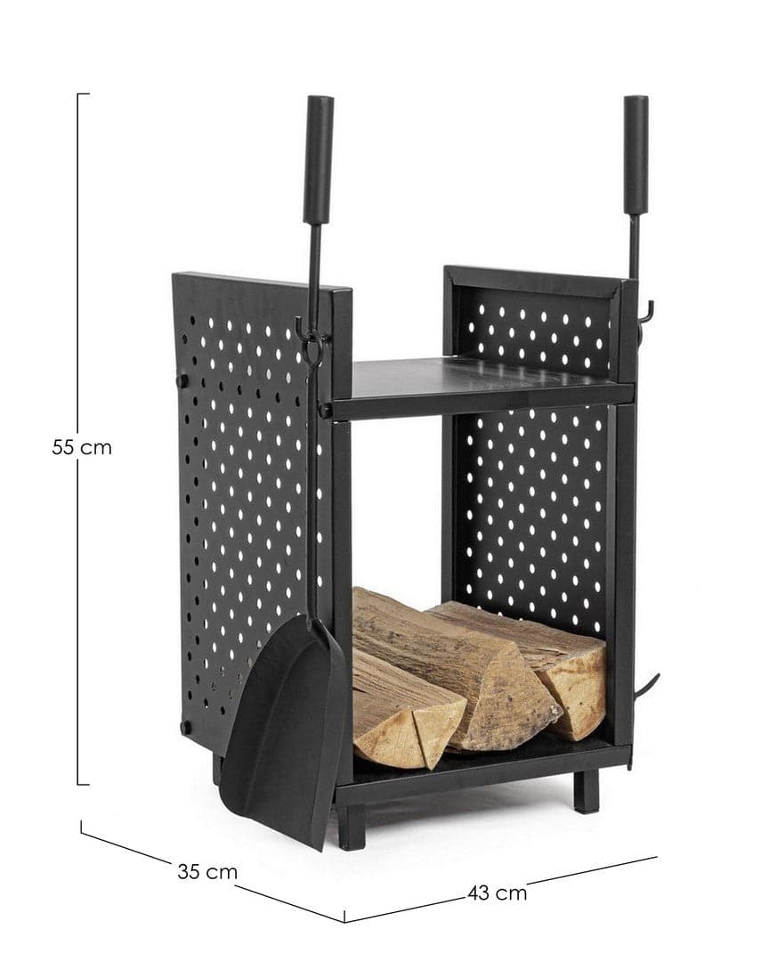 Portalegna "Efesto" con accessori, in acciaio verniciato, resistente alle alte temperature, da 43 cm in Bracieri Decor Space - Altamura, commercioVirtuoso.it