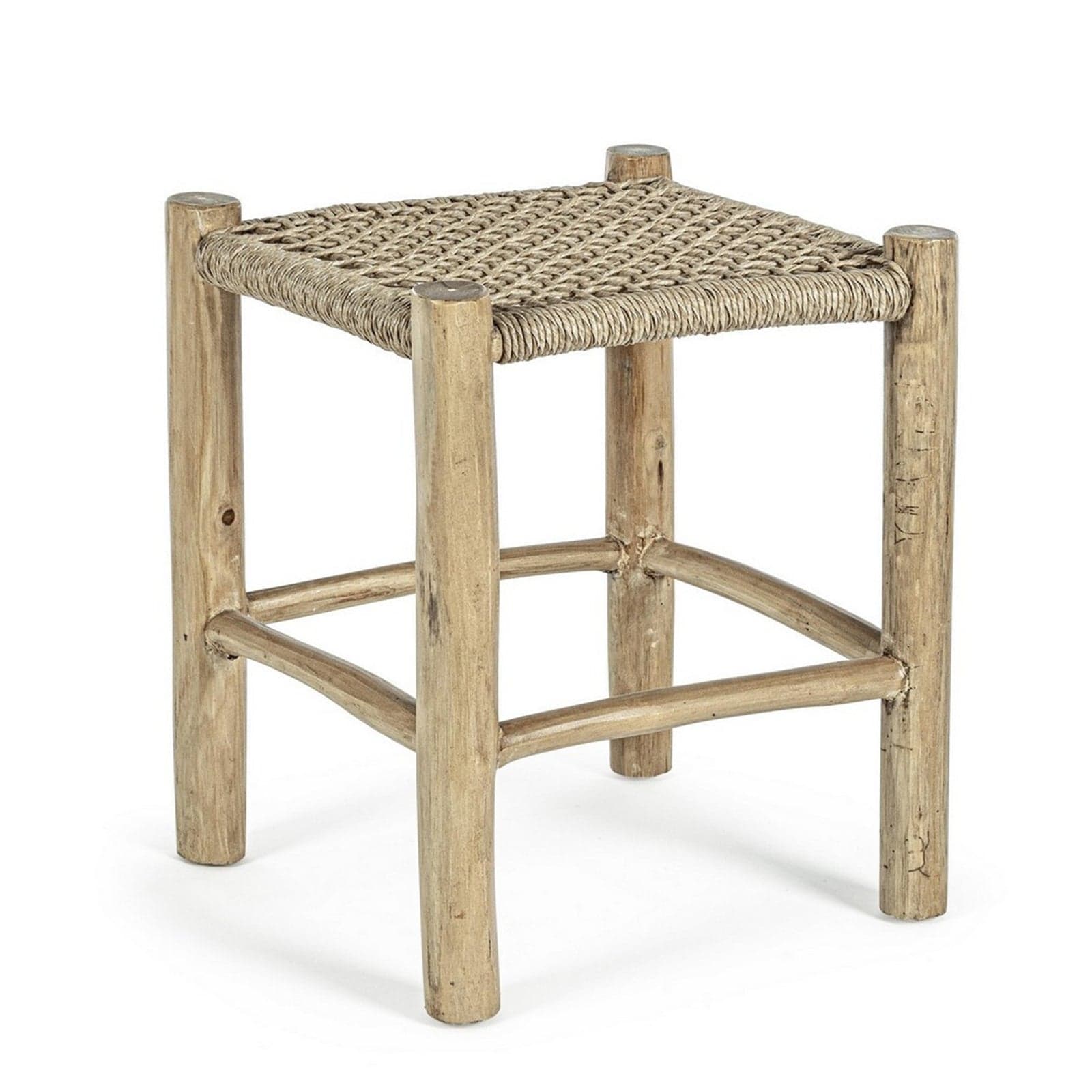 Sgabello "Lampok" con struttura in rami di teak, intreccio in fibra sintetica, per esterno in Ottomane Decor Space - Altamura, commercioVirtuoso.it