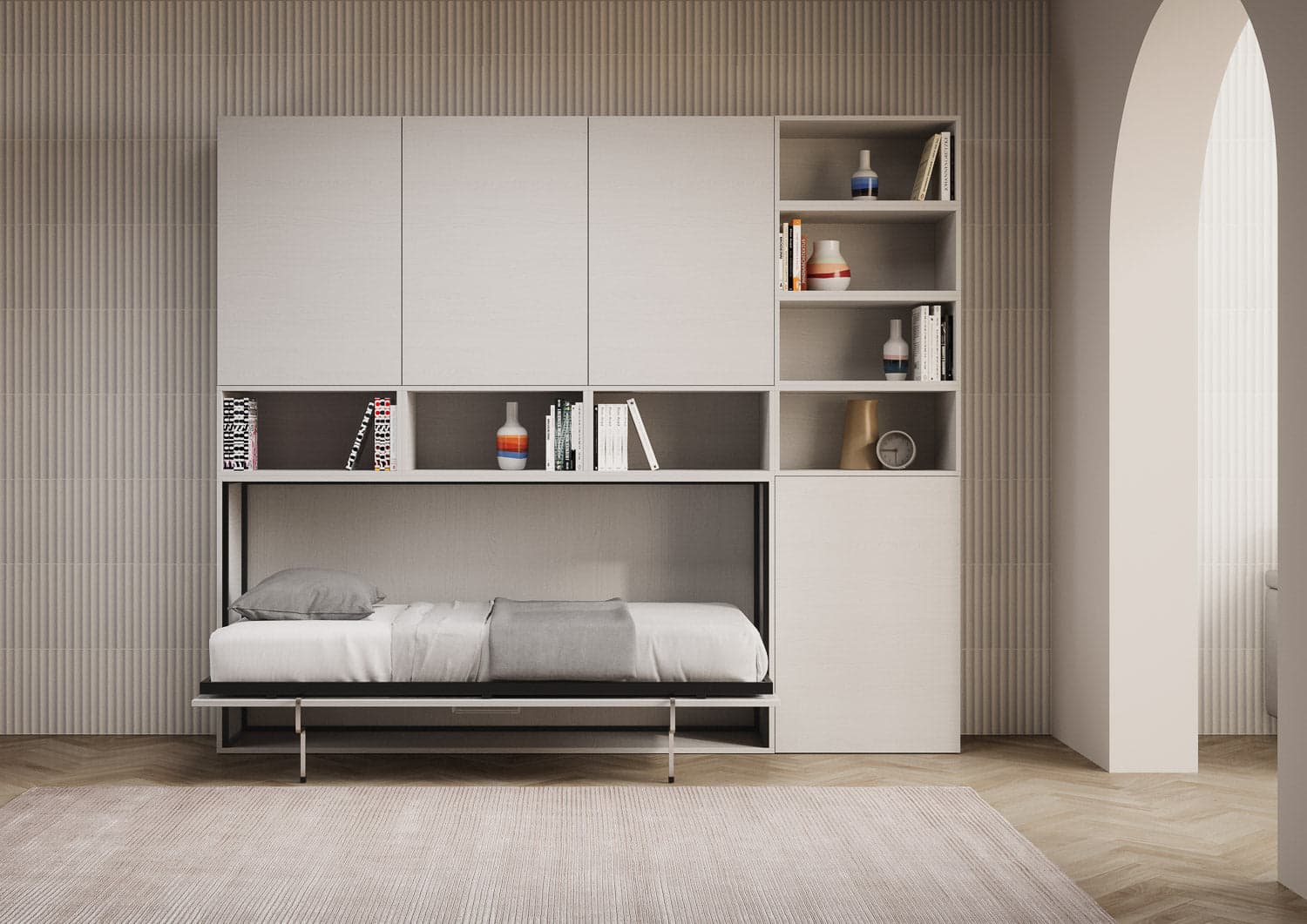 Letto "Venezia" singolo a scomparsa con scompartimenti, in legno, con apertura orizzontale, per camera da letto in Materassi Decor Space - Altamura, commercioVirtuoso.it