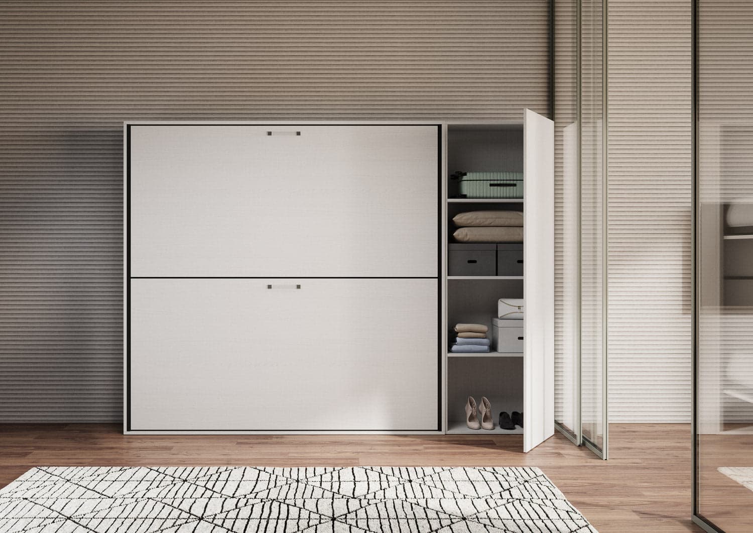 Letto "Verona" doppio a scomparsa con scompartimenti, in legno, con apertura orizzontale, per camera da letto in Materassi Decor Space - Altamura, commercioVirtuoso.it