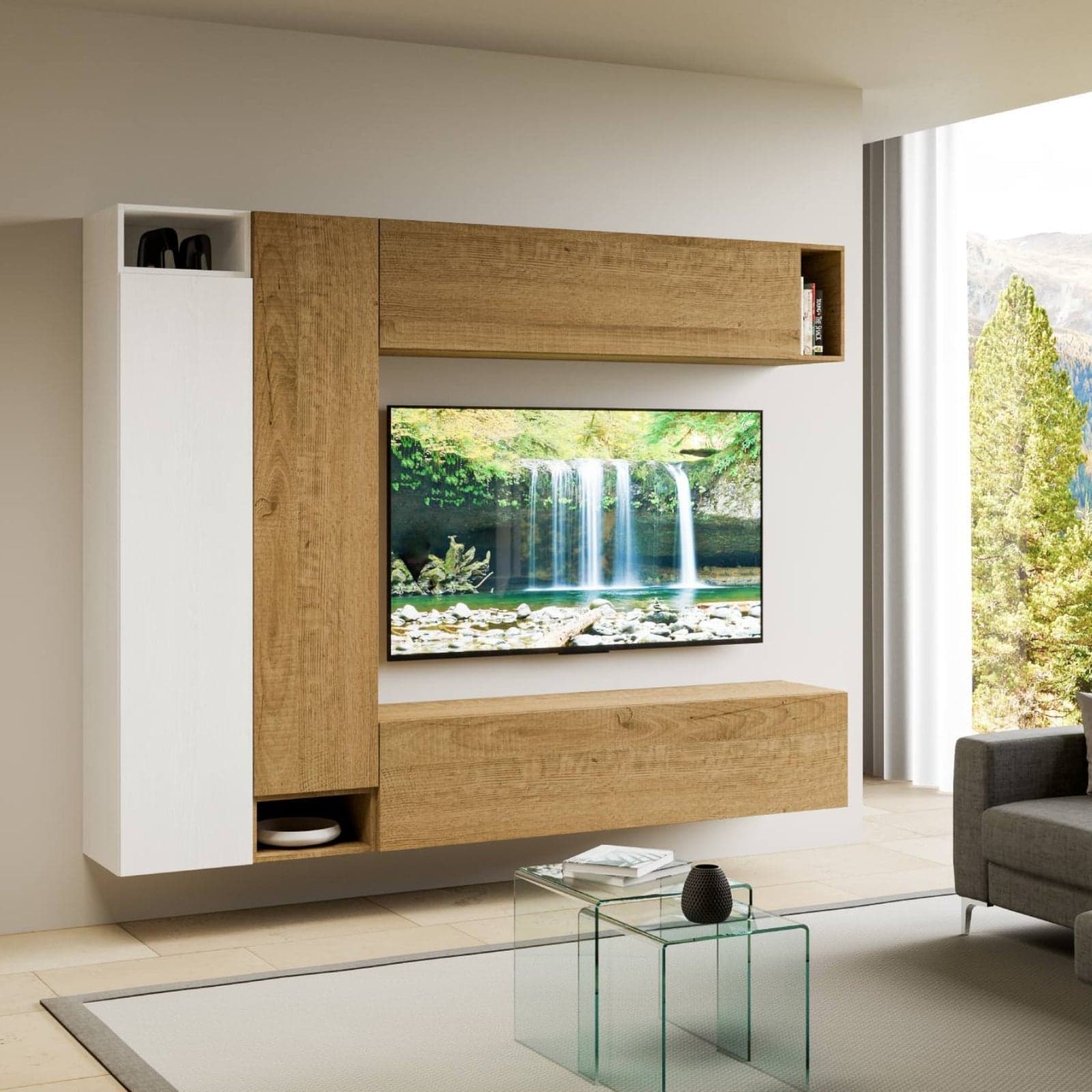 Parete attrezzata per soggiorno porta TV con ripiani per arredamento camere ed interni 254 cm in Pareti attrezzate Decor Space - Altamura, commercioVirtuoso.it