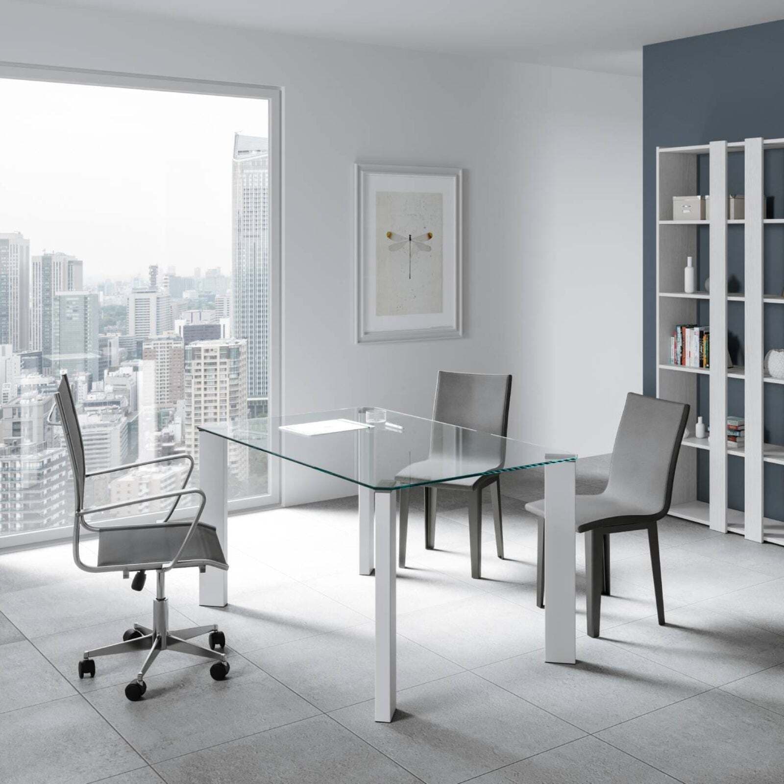 Tavolo scrittoio, in vetro trasparente, con gambe in metallo verniciato, per arredamento interni Casa e cucina/Arredamento/Studio/Mobiletti e credenze/Credenze Decor Space - Altamura, Commerciovirtuoso.it