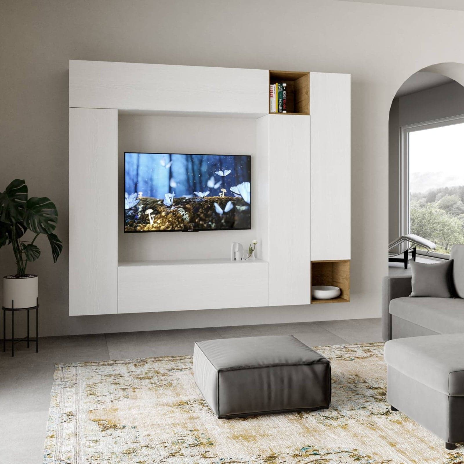 Parete attrezzata per soggiorno porta TV con ripiani per arredamento camere ed interni 254 cm in Pareti attrezzate Decor Space - Altamura, commercioVirtuoso.it